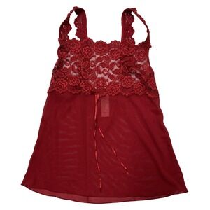 Cabernet Y2K Tank Top Womens S Red Sheer Mesh Fitted Lace Detail Fairy Coquette